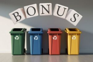 Dei bidoni dell'indifferenziata e sopra dei dadi con una lettera l'uno che compongono la scritta "Bonus"