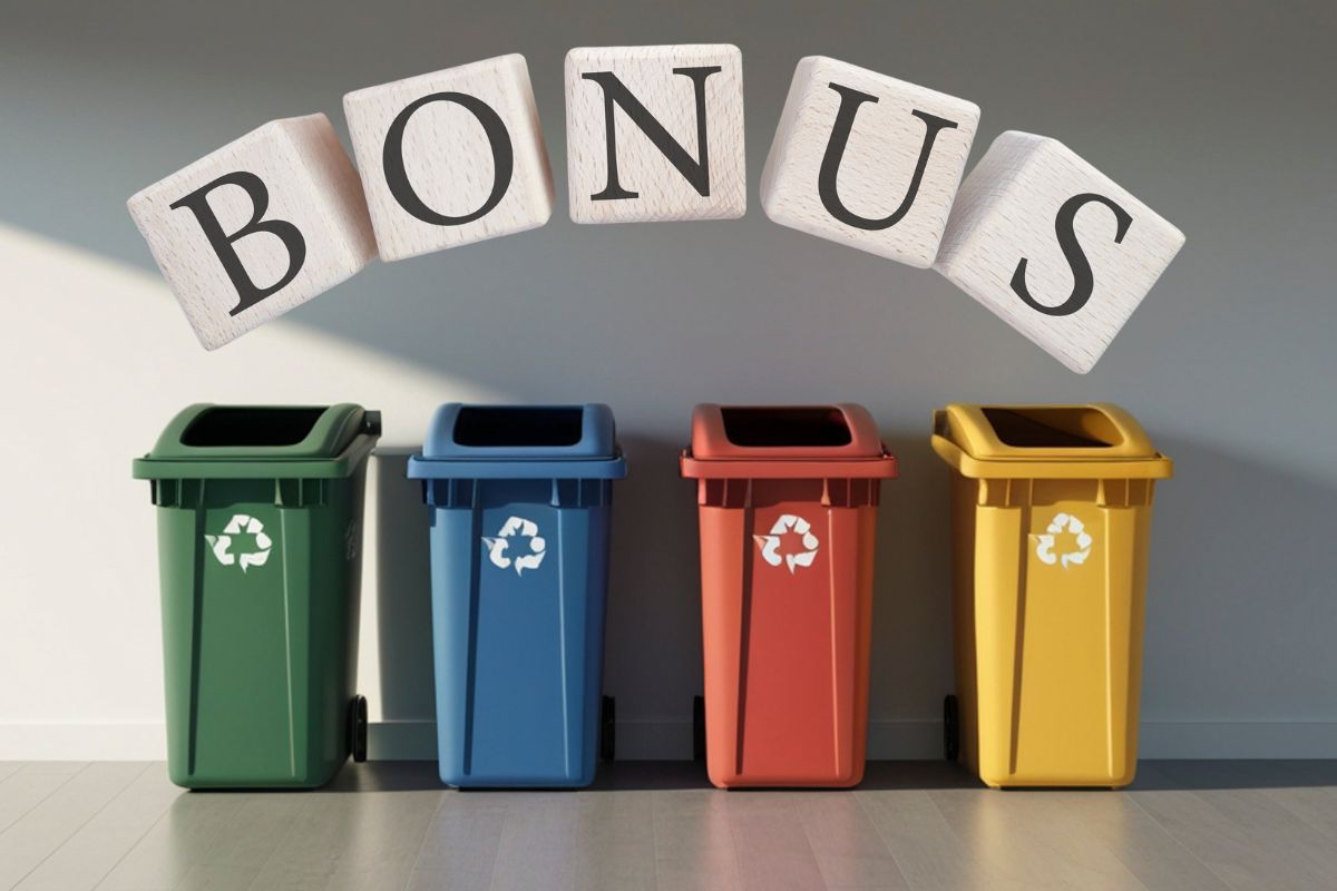 Dei bidoni dell'indifferenziata e sopra dei dadi con una lettera l'uno che compongono la scritta "Bonus"
