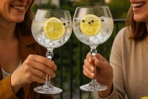 due ragazza brindano con un gin tonic dentro ai calici chic da cocktail in vendita da Kasanova