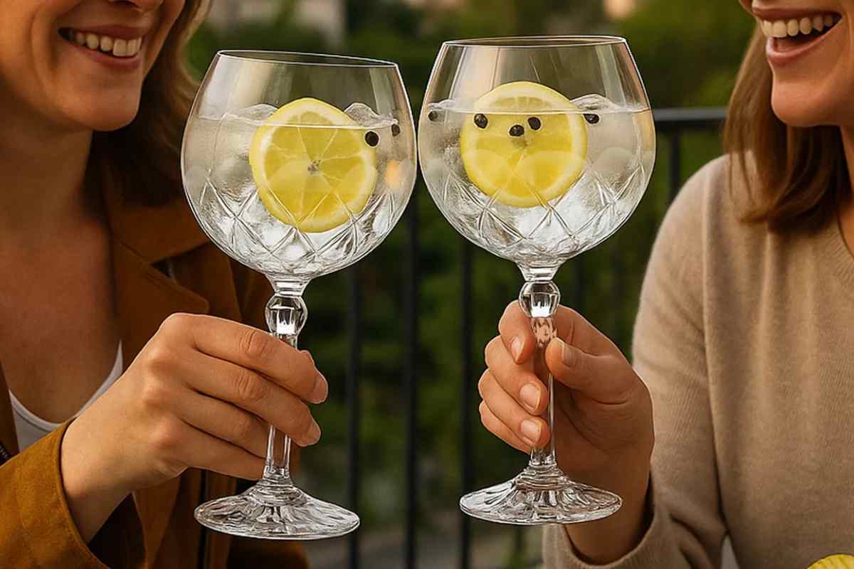 due ragazza brindano con un gin tonic dentro ai calici chic da cocktail in vendita da Kasanova