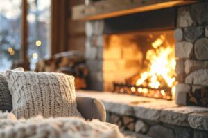 Un divano con dietro un camino in funzione