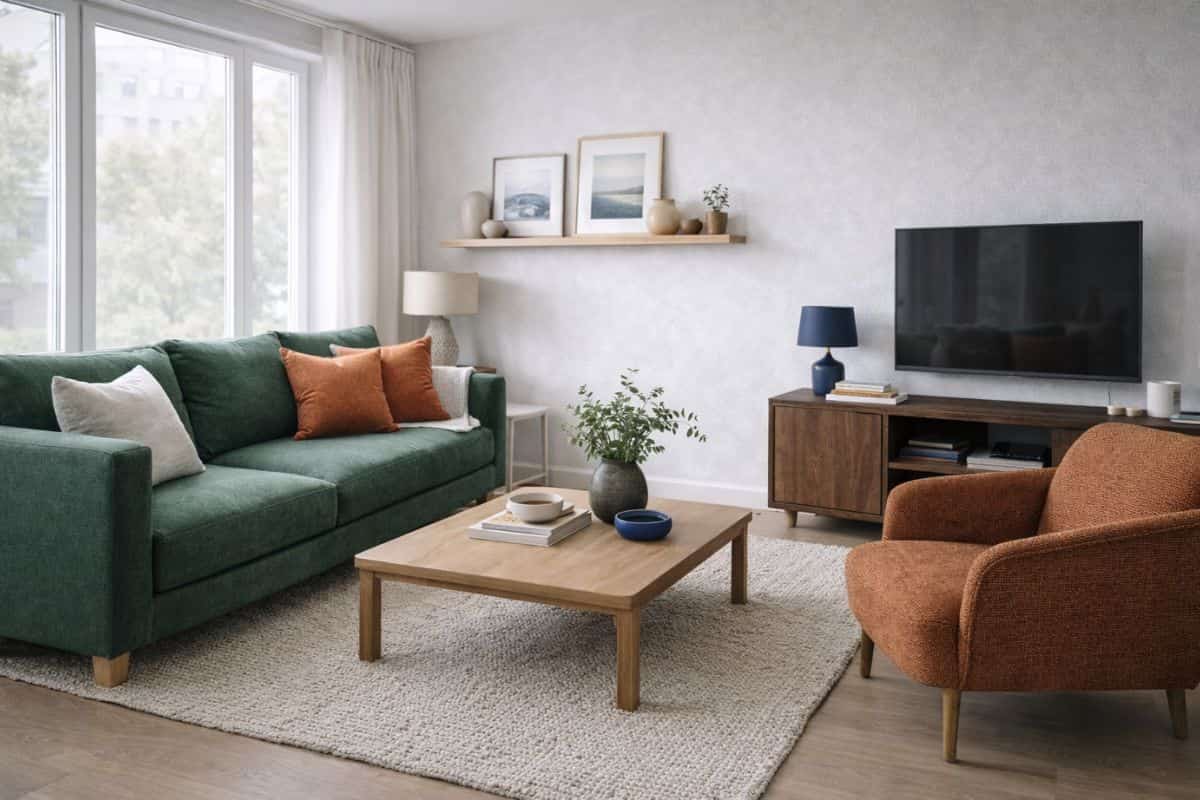 Soggiorno con divano verde sottobosco, poltrona terracotta, tappeto neutro e luce naturale