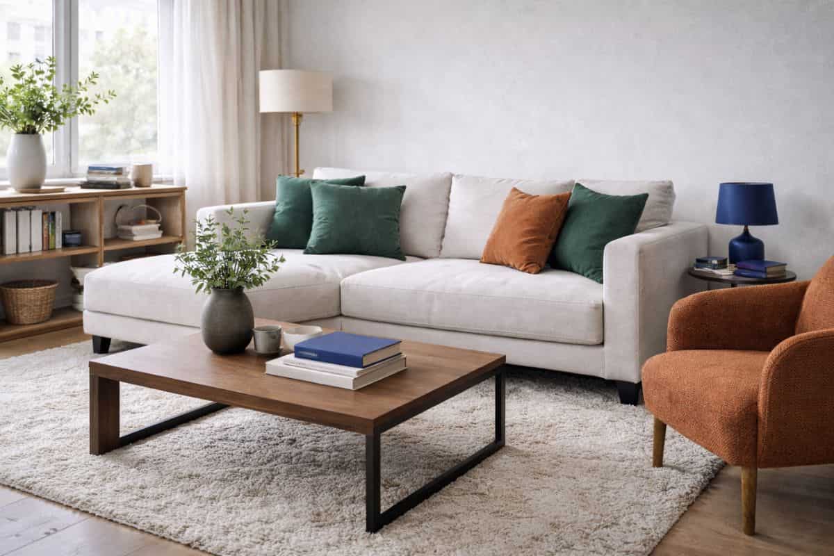 Soggiorno con divano beige, cuscini verde e terracotta, tavolino in legno e luce naturale 