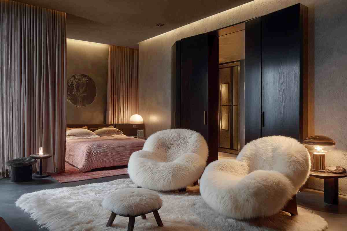 soggiorno open space con camera da letto arredato con mobili dai colori neutri