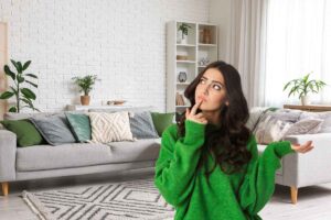 Un salone con un divano con sopra cuscini e una ragazza in primo piano che è dubbiosa