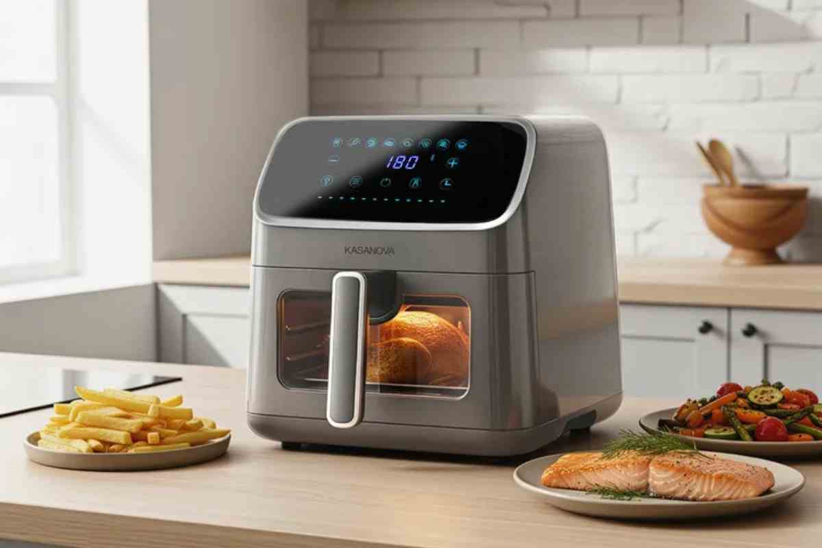 una tavola in cucina con sopra la friggitrice ad aria in offerta da kasanova