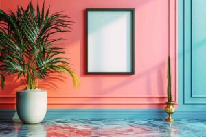 Parete rosa e azzurra, uno specchio appeso e una pianta decorativa a lato