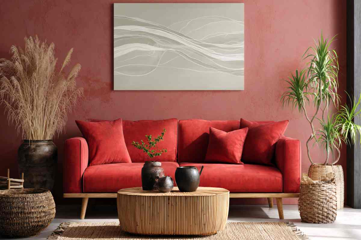 salotto con divano in velluto e mobili in legno chiaro