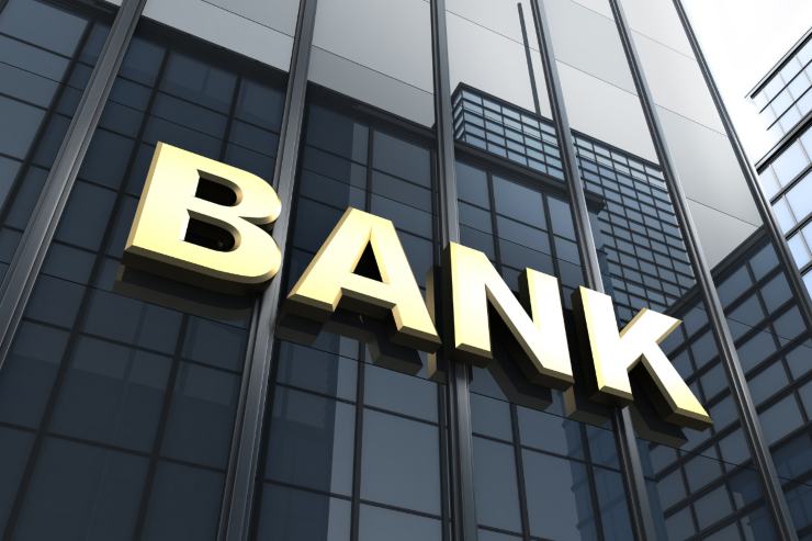 Una foto di un insegna di una Banca