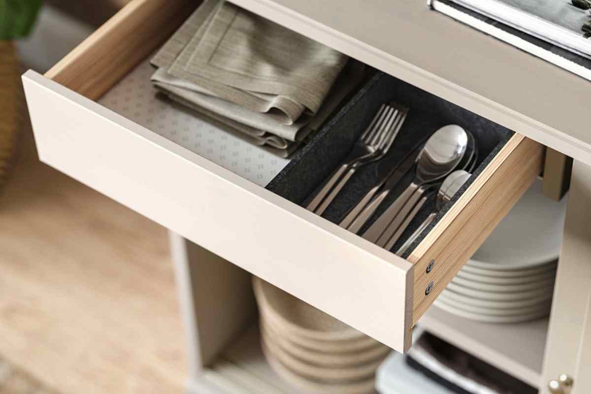 un cassetto aperto con dentro posate del mobile di design da usare come credenza ikea