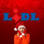 Uno sfondo natalizio con la scritta Lidl ed una donna con abiti natalizi che è felice