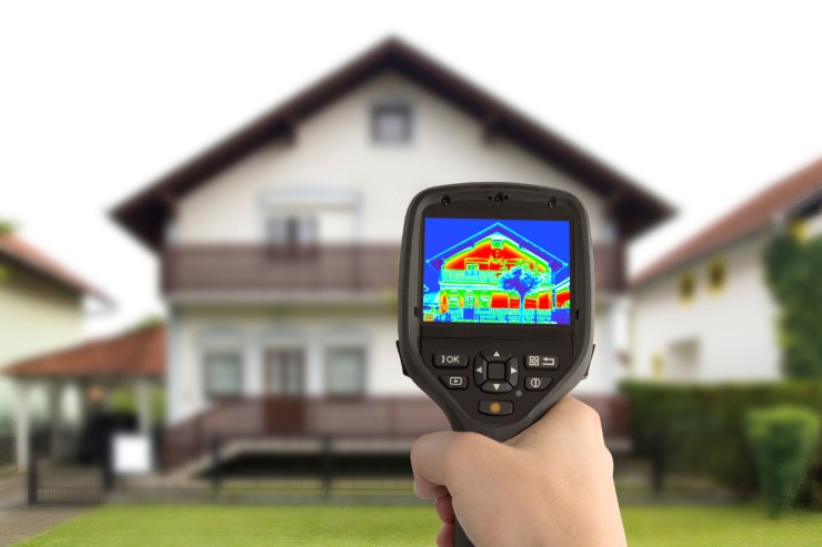 Un termometro laser puntato contro un casa che mostra le parti più calde