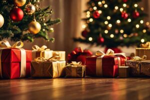 Alberi di natale sullo sfondo in una casa con sotto differenti regali di natale