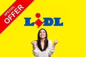 Una scritta Lidl e sotto una donna felice e in alto a sinistra un insegna con sopra scritto "Special Offer"