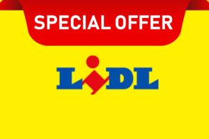 Uno sfondo giallo con sopra il logo della Lidl e sopra la scritta "Specia offer"
