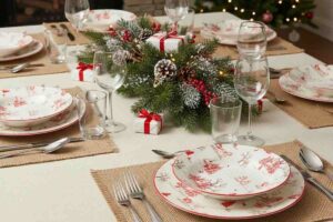 una tavola apparecchiata con i piatti natalizi kasanova e un centrotavola con le pigne