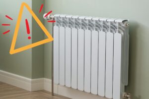 Una foto di un termosifone con in alto a sinistra un segnale di pericolo