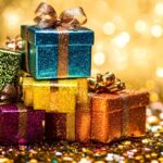 tanti pacchetti regalo di Natale con carta lucida originale e glitter da donare alla mamma