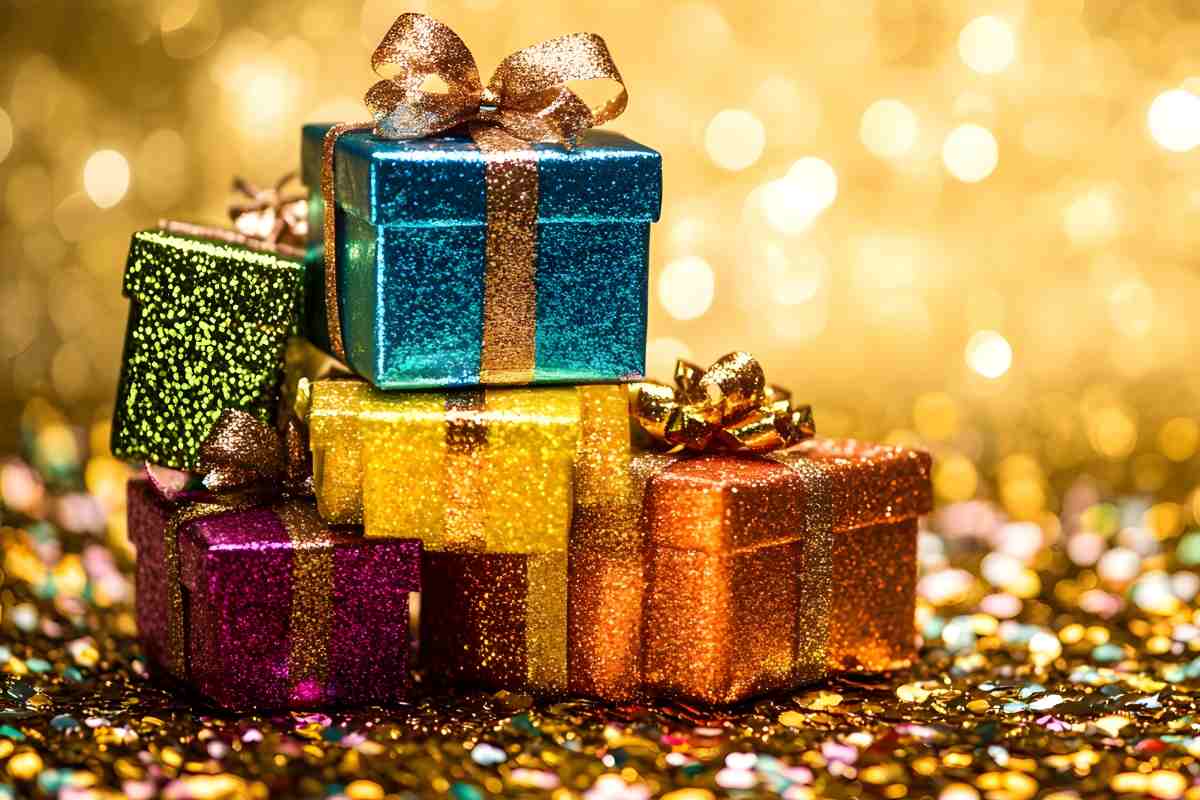 tanti pacchetti regalo di Natale con carta lucida originale e glitter da donare alla mamma