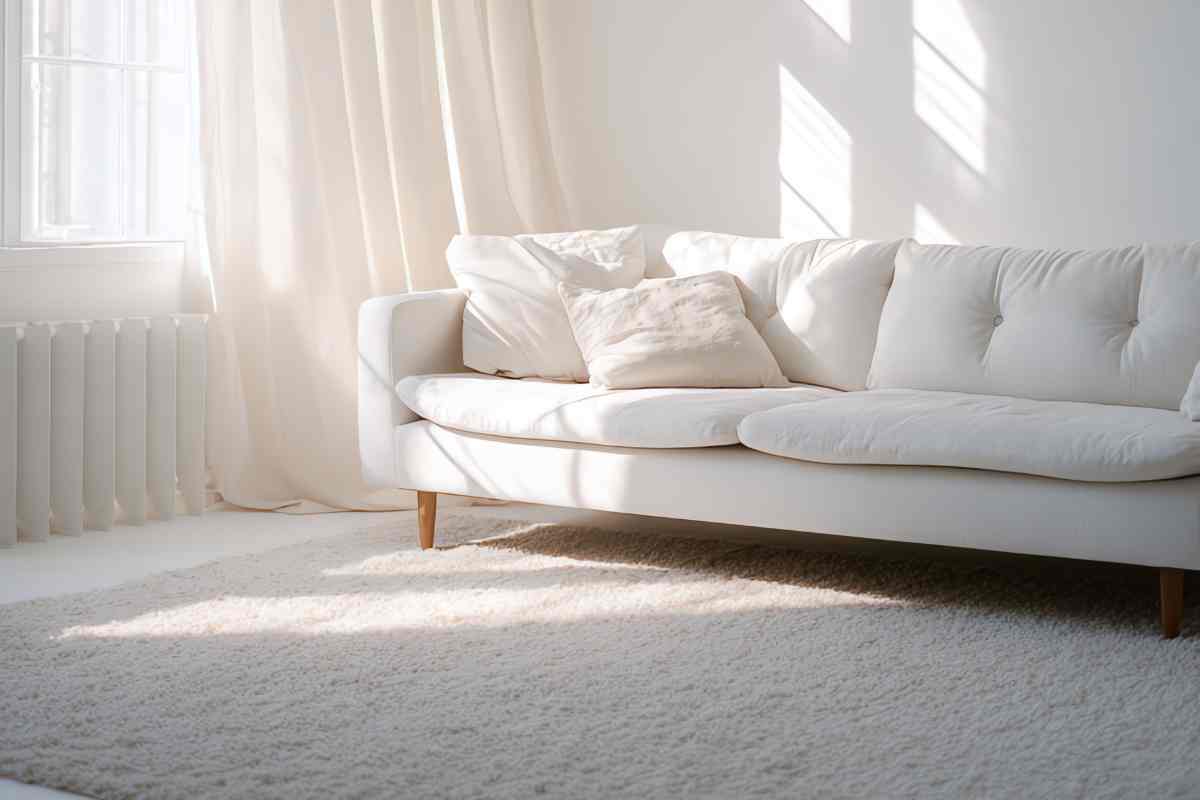 un soggiorno con arredi chiari e tende leggere alle finestre