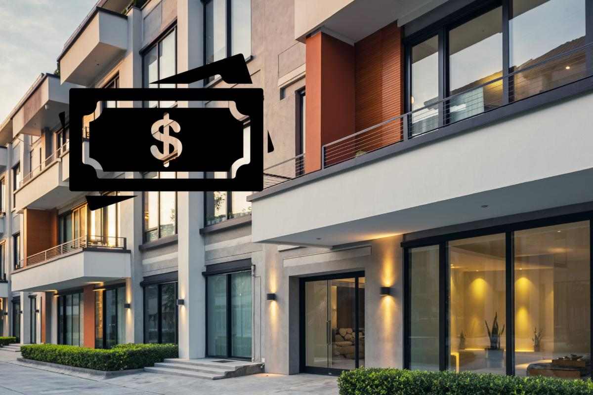 condominio con vetrate e simbolo del dollaro in risalto