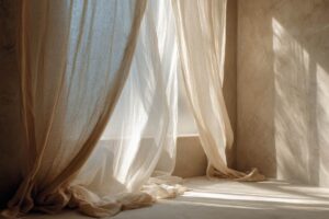 Una stanza con delle tende ingiallite