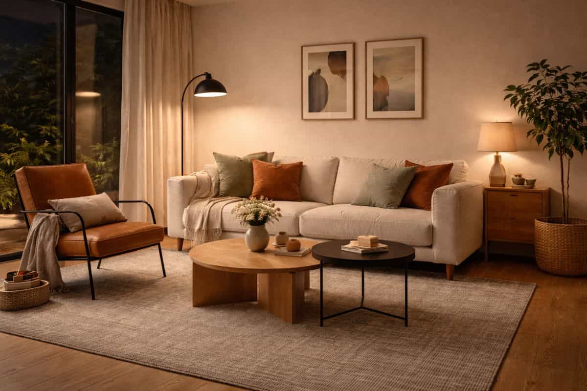 soggiorno di sera, illuminato solo da lampade da terra e da tavolo