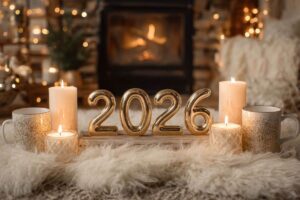 scritta 2026 con candele su tavolino in salotto, camino come sfondo