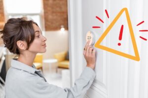 Una donna che imposta i termostati e un segnale in alto a destra di pericolo