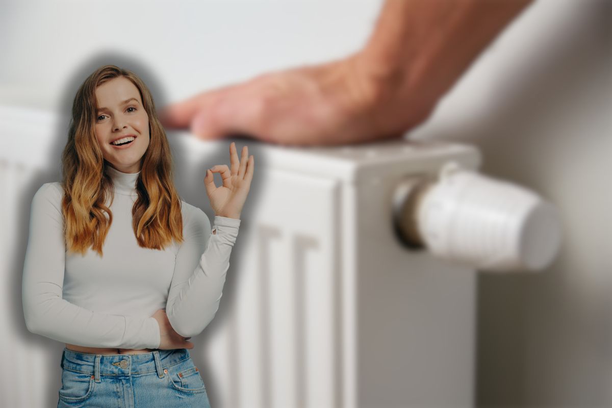 mano che tocca calorifero e donna sorridente che fa ok con le mani