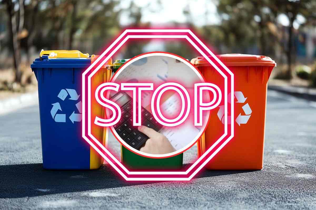 bidoni della differenziata per strada, un cerchio in cui sono presenti delle tasse da pagare e scritta stop