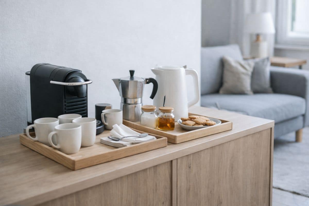 angolo bar e caffè allestito su una console in salotto