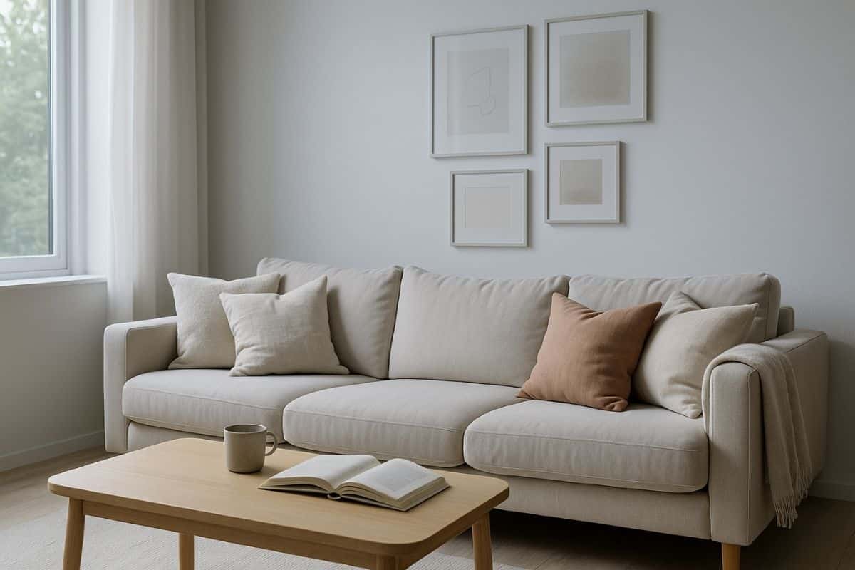 Divano chiaro in salotto con cuscini neutri