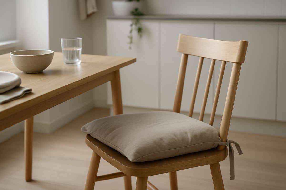 Sedia rigida di legno con cuscino beige in cucina luminosa