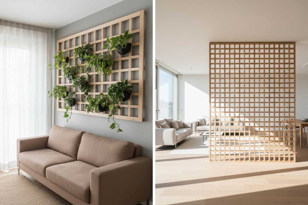 Griglia di legno in salotto con giardino verticale e in open Space