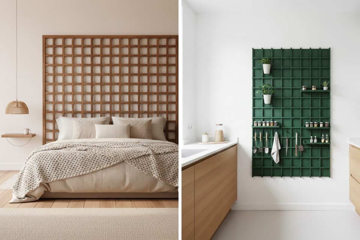 griglia di legno come testata letto e in cucina