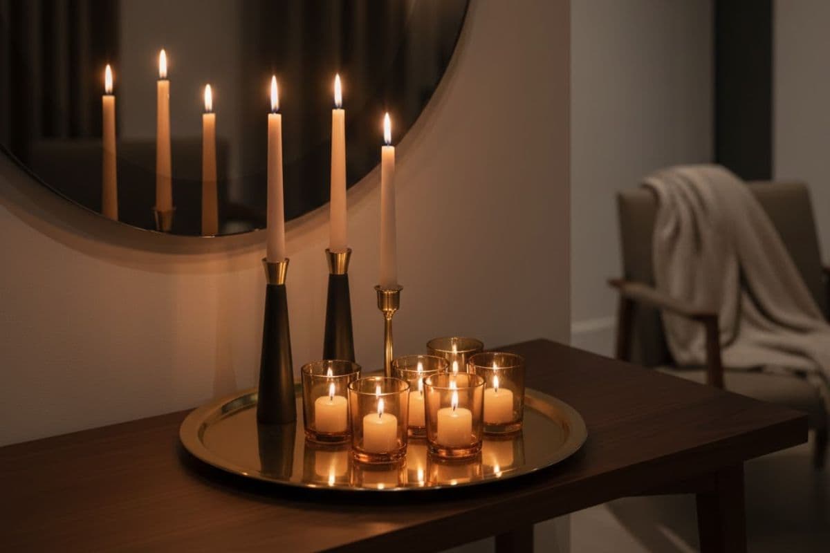 Candele di diversa altezza su vassoio specchiato su consolle all'ingresso