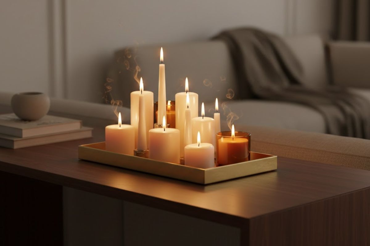 Candele di diversa altezza su un vassoio di legno in salotto