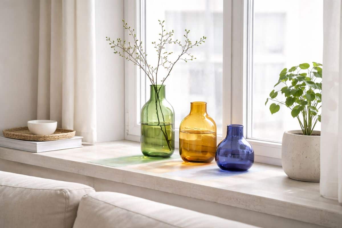 Finestra luminosa dietro al divano con vasi di vetro colorato