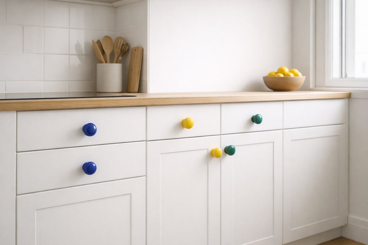 Cucina bianca con pomelli colorati