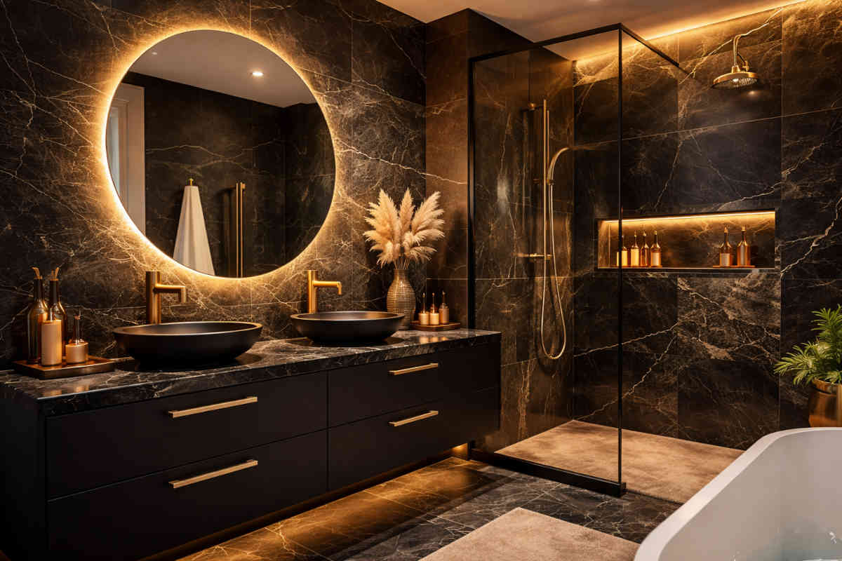 Bagno nero e oro con specchi e luci che creano atmosfera
