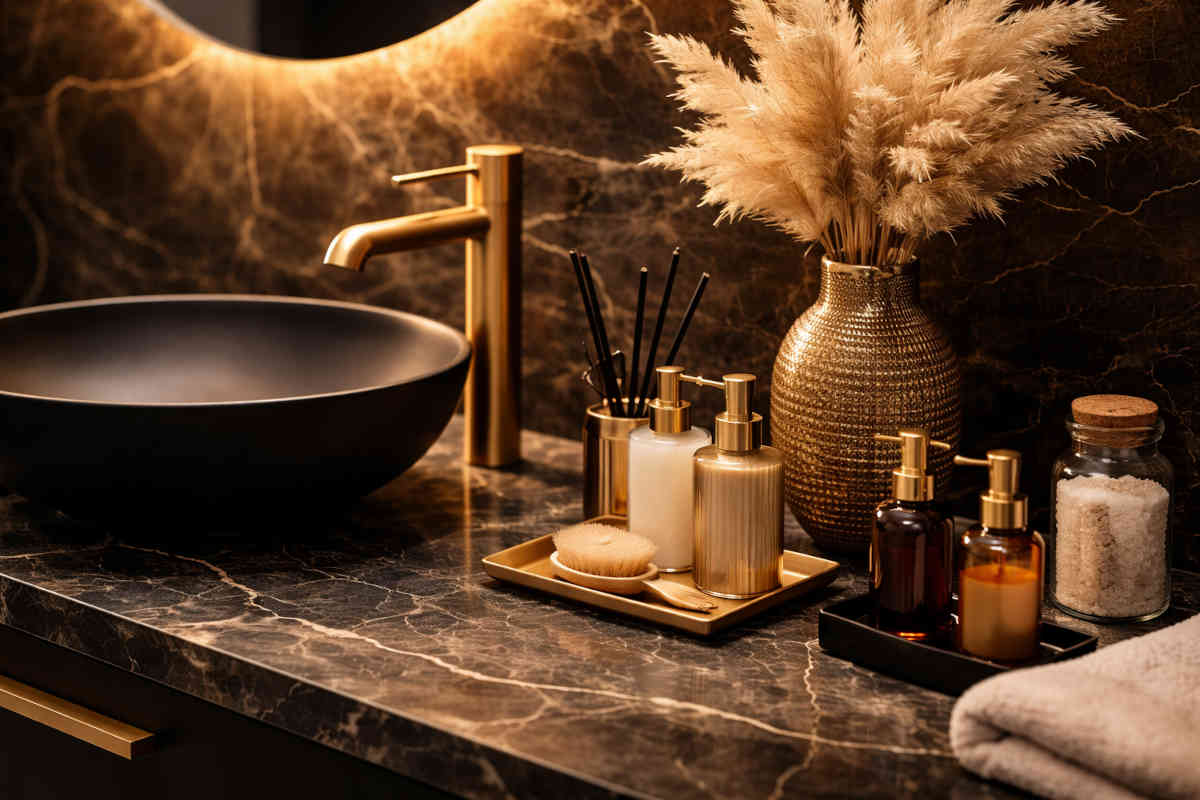 Bagno nero e oro dettagli