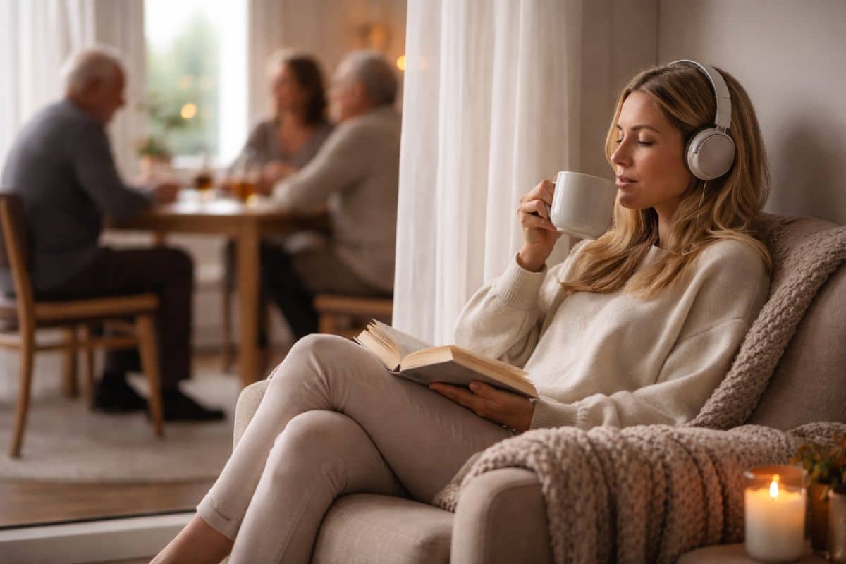 donna seduta su poltrona con cuffie e tazza, parenti in lontananza