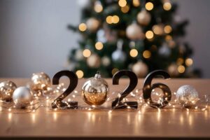 albero di natale sullo sfondo, palline luci e scritta 2026