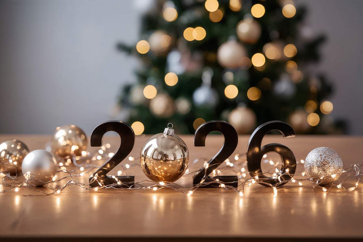 albero di natale sullo sfondo, palline luci e scritta 2026