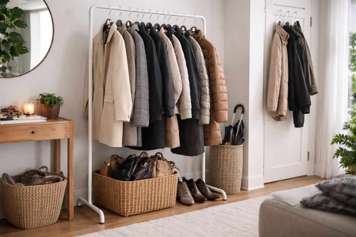 ingresso chiaro organizzato con stand, ganci e ceste