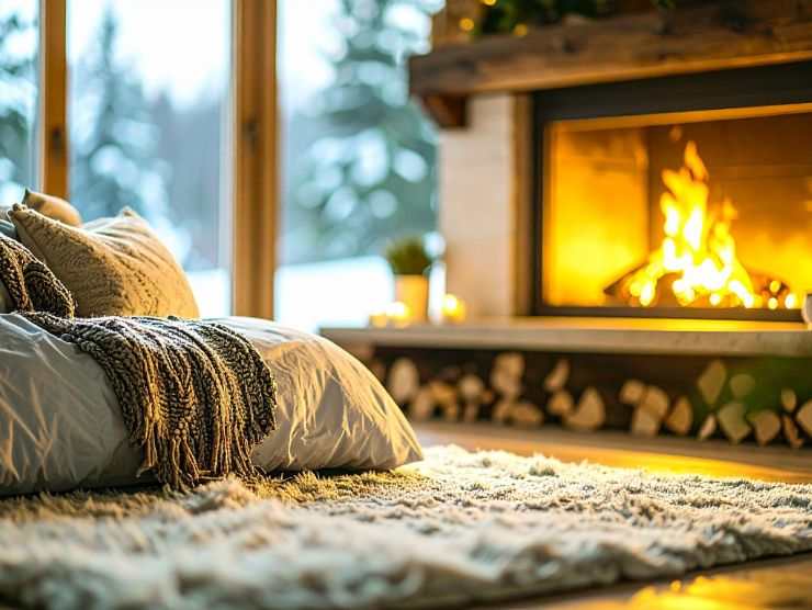 ambiente di casa in cui c'è un camino acceso, un tappeto e un divano