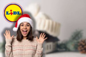 sagoma di casa con sciarpa bianca attorno, logo lidl in icona e donna che esulta con cappello di babbo natale