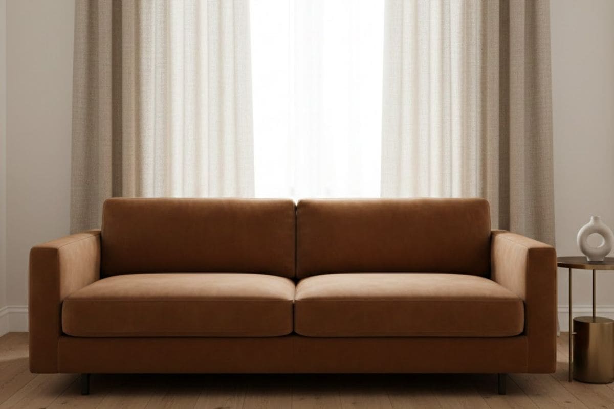 Divano color tortora con alle spalle finestra luminosa