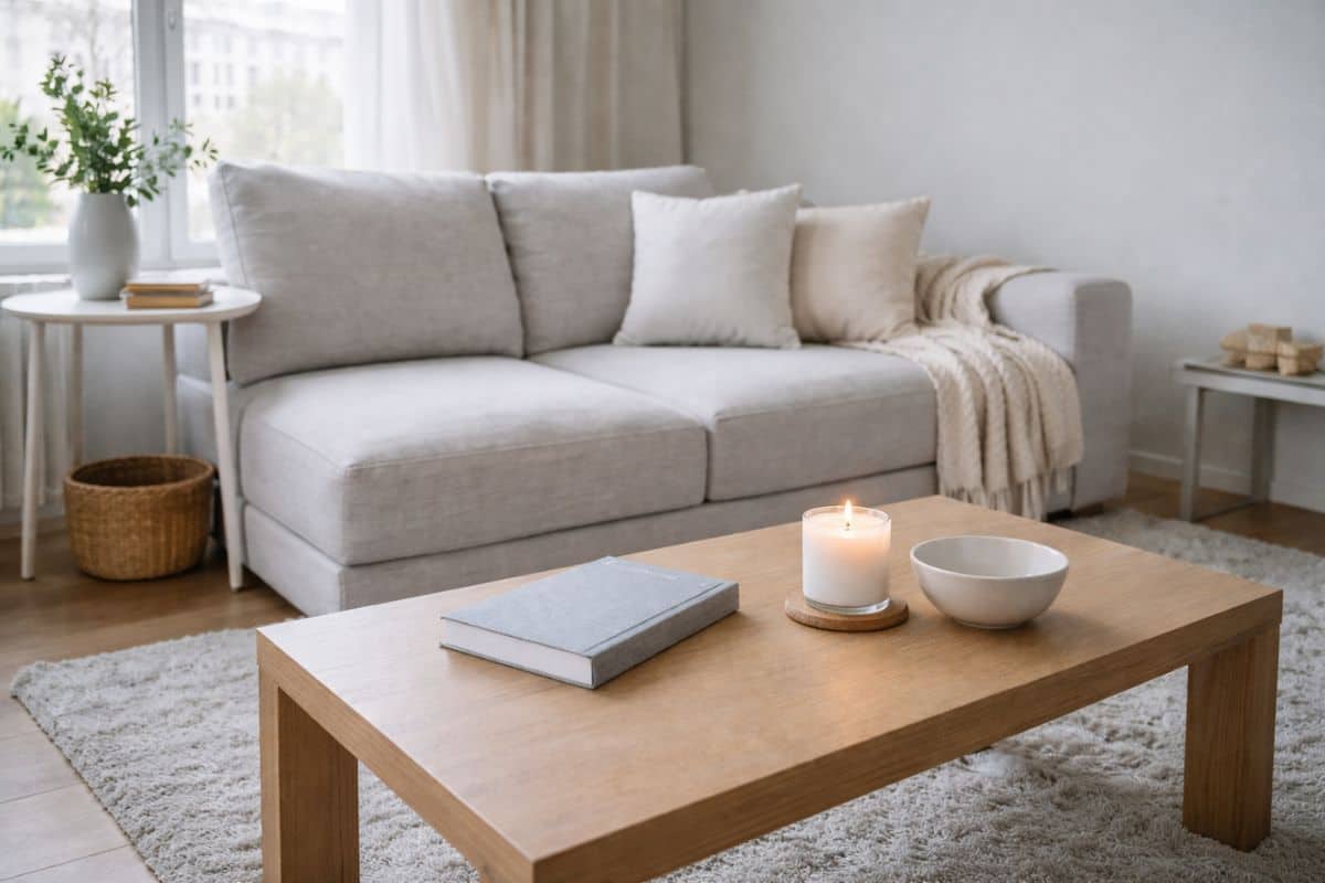 vista ampia del soggiorno con divano sistemato, cuscini riallineati, tavolo libero, una coperta piegata